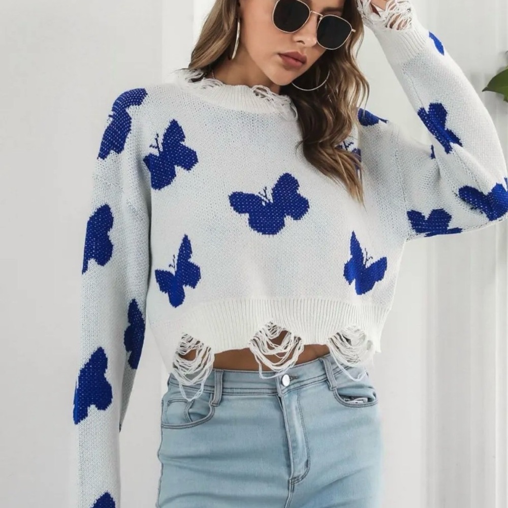 Blue Butterfly Pattern Distressed Sweater